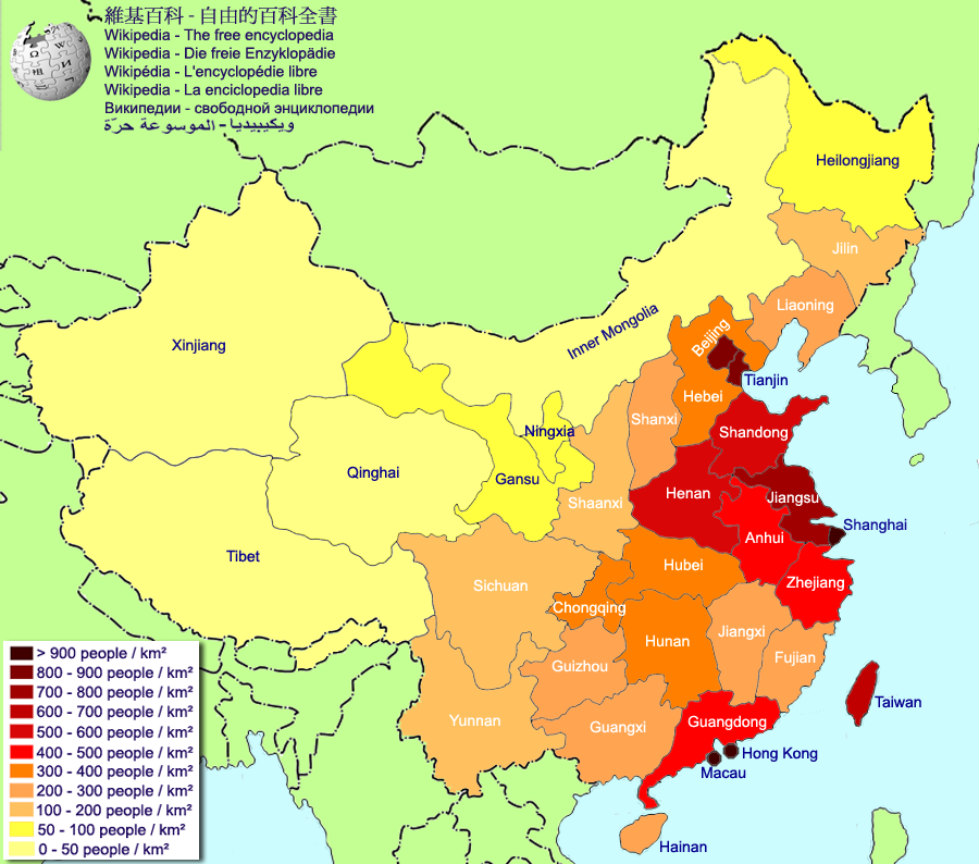 Population Density of China by First-Level Administrative Regions