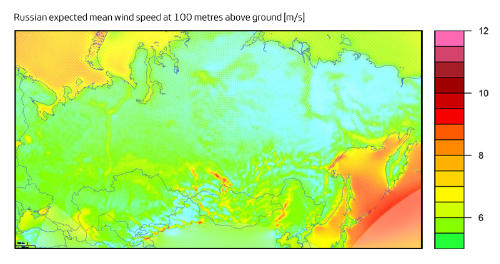 Russian Wind Map of Wind Speeds Above Mean 100m
