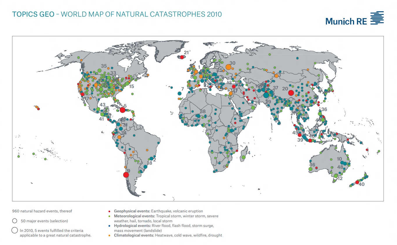 World map of natural catastrophes for 2010