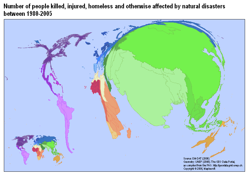 Number of people killed, injured, homeless and otherwise affected by natural disasters between 1980-2005