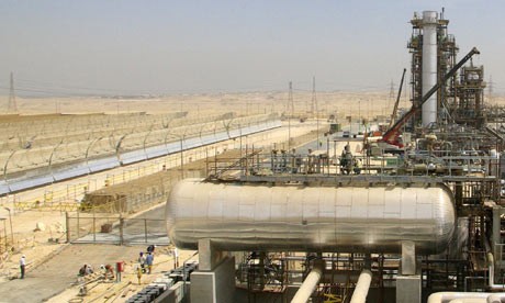 The power station at Kuraymat uses both natural gas and solar panels to produce electricity. Photograph: Solar Millennium The power station at Kuraymat uses both natural gas and solar panels to produce